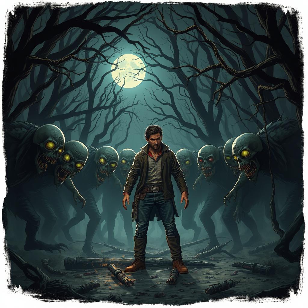 A scene set in a spooky forest filled with terrifying zombies and monstrous creatures, featuring a character named AMIR HOSSEIN