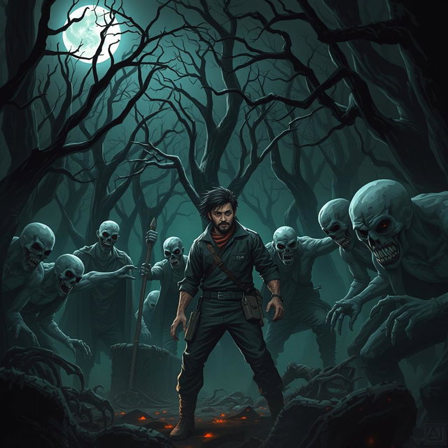 A scene set in a spooky forest filled with terrifying zombies and monstrous creatures, featuring a character named AMIR HOSSEIN