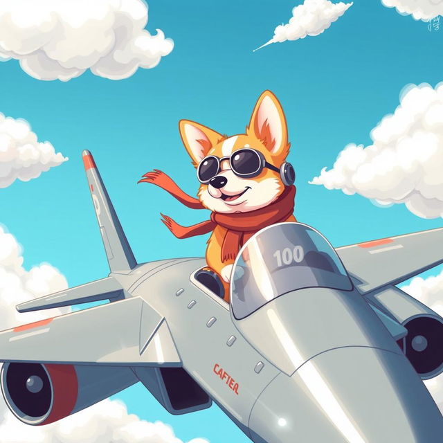 A whimsical illustration of a fighter jet, with a fluffy corgi sitting in the cockpit instead of a human pilot