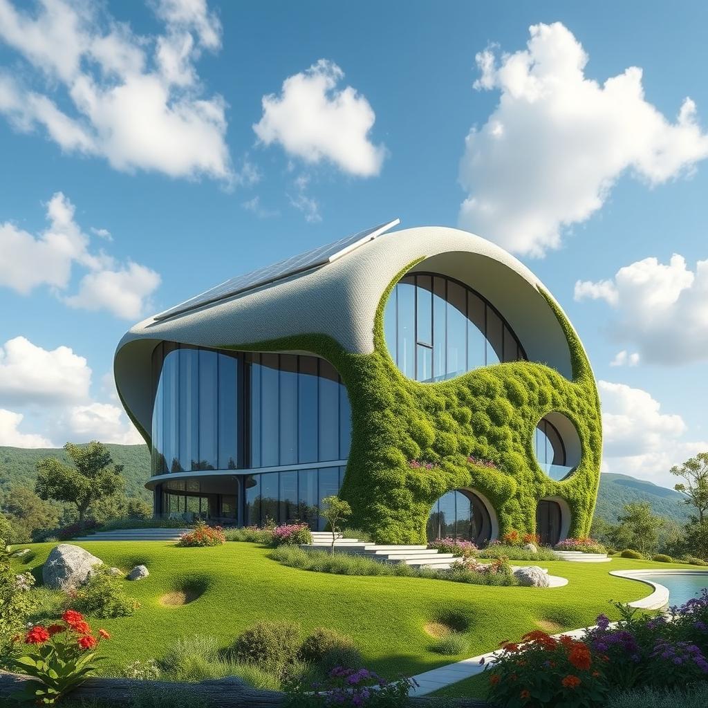 A stunning futuristic home seamlessly integrated into a lush natural landscape, featuring large glass windows and organic architectural shapes that mimic the surrounding trees and hills