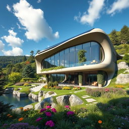 A stunning futuristic home seamlessly integrated into a lush natural landscape, featuring large glass windows and organic architectural shapes that mimic the surrounding trees and hills