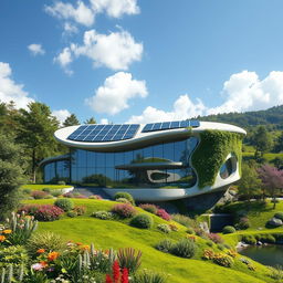 A stunning futuristic home seamlessly integrated into a lush natural landscape, featuring large glass windows and organic architectural shapes that mimic the surrounding trees and hills