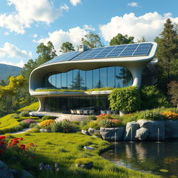 A stunning futuristic home seamlessly integrated into a lush natural landscape, featuring large glass windows and organic architectural shapes that mimic the surrounding trees and hills