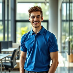 A stylish young man standing confidently in a modern office environment