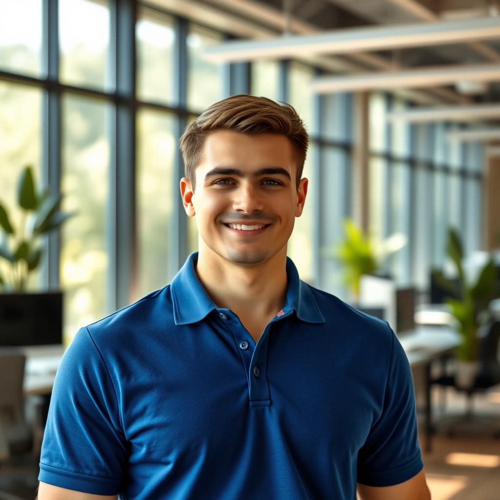 A stylish young man standing confidently in a modern office environment