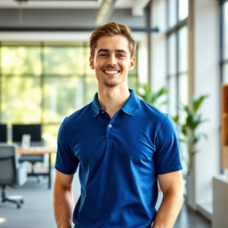 A stylish young man standing confidently in a modern office environment