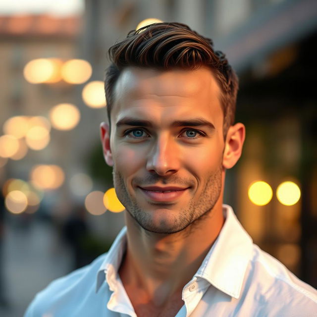 A handsome man with chiseled features, strong jawline, and captivating blue eyes, styled with short, well-groomed dark hair