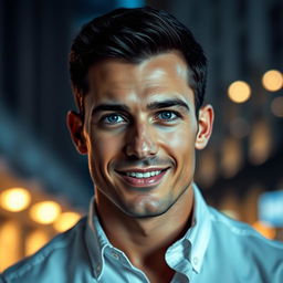 A handsome man with chiseled features, strong jawline, and captivating blue eyes, styled with short, well-groomed dark hair