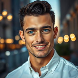 A handsome man with chiseled features, strong jawline, and captivating blue eyes, styled with short, well-groomed dark hair
