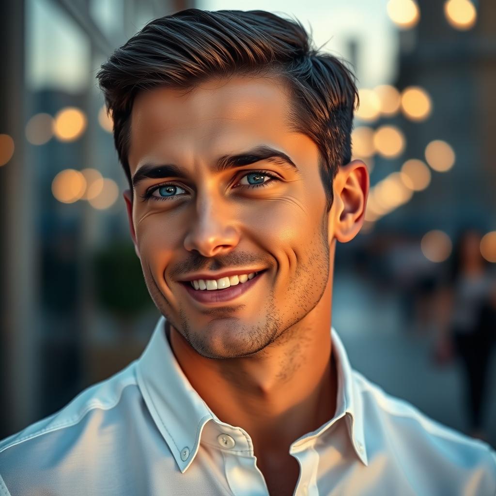 A handsome man with chiseled features, strong jawline, and captivating blue eyes, styled with short, well-groomed dark hair