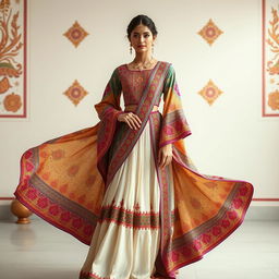 A beautifully designed traditional Kalantakaa outfit, featuring intricate patterns and vibrant colors