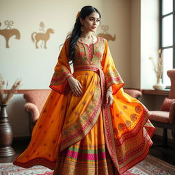 A beautifully designed traditional Kalantakaa outfit, featuring intricate patterns and vibrant colors
