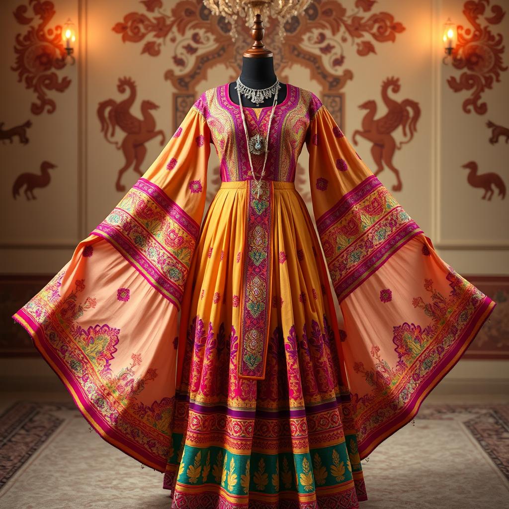 A beautifully designed traditional Kalantakaa outfit, featuring intricate patterns and vibrant colors
