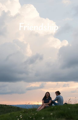A serene landscape depicting a cloudy sky signifying friendship, soft hues of blue and gray blending together, with large fluffy clouds scattered throughout
