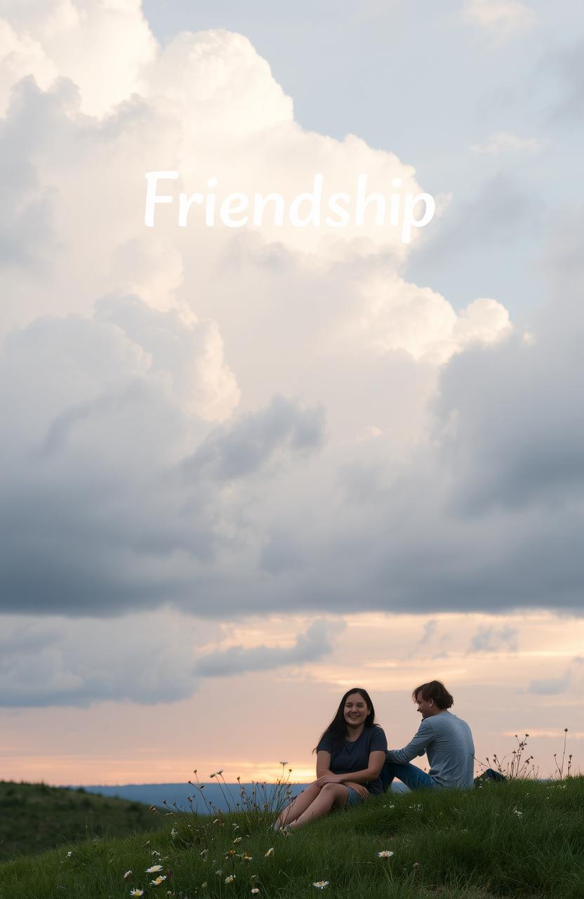 A serene landscape depicting a cloudy sky signifying friendship, soft hues of blue and gray blending together, with large fluffy clouds scattered throughout