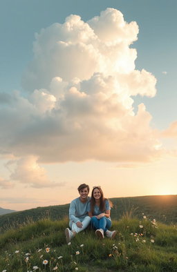 A serene landscape depicting a cloudy sky signifying friendship, soft hues of blue and gray blending together, with large fluffy clouds scattered throughout