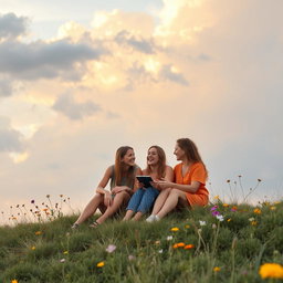 A serene landscape featuring two female friends sitting together on a grassy hill under a cloudy sky that represents friendship