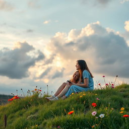 A serene landscape featuring two female friends sitting together on a grassy hill under a cloudy sky that represents friendship