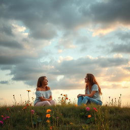 A serene landscape featuring two female friends sitting together on a grassy hill under a cloudy sky that represents friendship