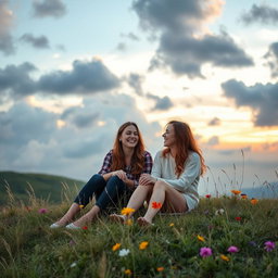 A serene landscape featuring two female friends sitting together on a grassy hill under a cloudy sky that represents friendship