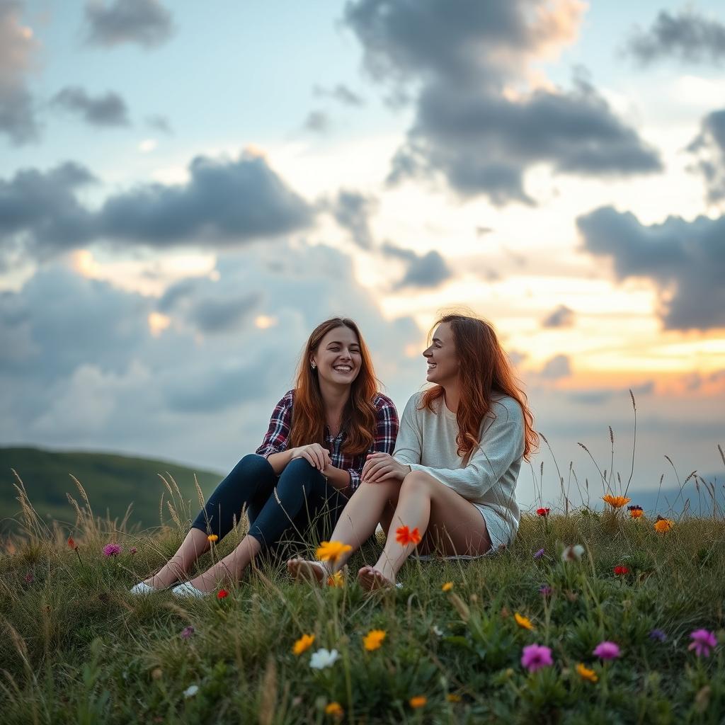 A serene landscape featuring two female friends sitting together on a grassy hill under a cloudy sky that represents friendship