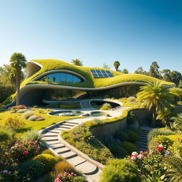 A futuristic home seamlessly integrated into a lush, vibrant natural landscape, featuring organic shapes and flowing lines that mimic the forms of the surrounding environment
