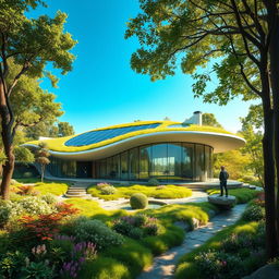 A futuristic home seamlessly integrated into a lush, vibrant natural landscape, featuring organic shapes and flowing lines that mimic the forms of the surrounding environment
