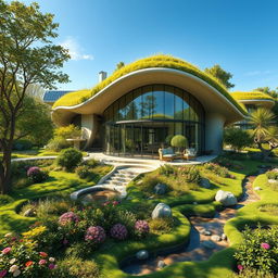 A futuristic home seamlessly integrated into a lush, vibrant natural landscape, featuring organic shapes and flowing lines that mimic the forms of the surrounding environment