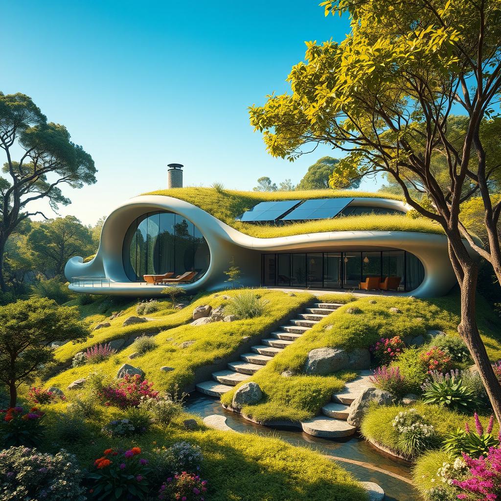 A futuristic home seamlessly integrated into a lush, vibrant natural landscape, featuring organic shapes and flowing lines that mimic the forms of the surrounding environment