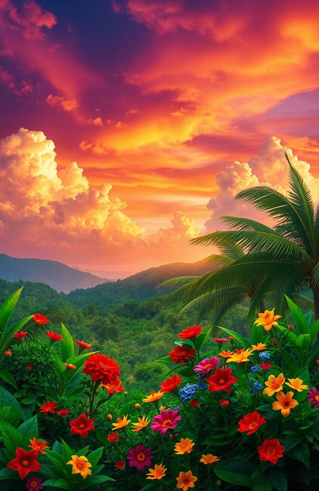 A vibrant and colorful depiction of a tropical landscape featuring a spectacular sunset that paints the sky in hues of orange, purple, and pink, with fluffy clouds reflecting the warm colors