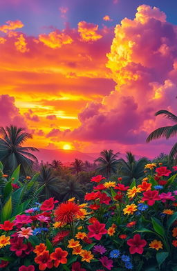 A vibrant and colorful depiction of a tropical landscape featuring a spectacular sunset that paints the sky in hues of orange, purple, and pink, with fluffy clouds reflecting the warm colors