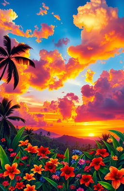 A vibrant and colorful depiction of a tropical landscape featuring a spectacular sunset that paints the sky in hues of orange, purple, and pink, with fluffy clouds reflecting the warm colors