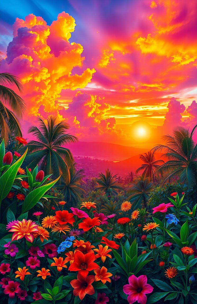 A vibrant and colorful depiction of a tropical landscape featuring a spectacular sunset that paints the sky in hues of orange, purple, and pink, with fluffy clouds reflecting the warm colors