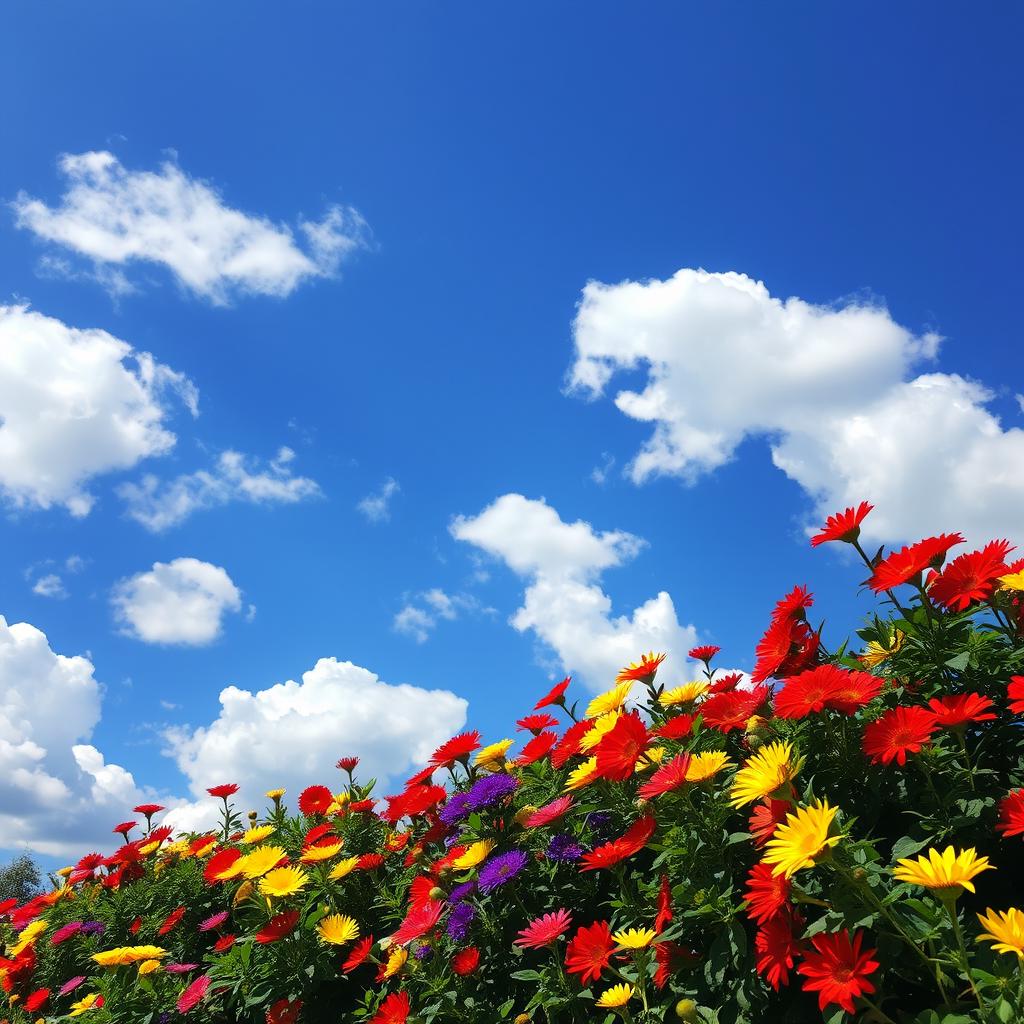 A stunning and colorful representation of a bright blue sky filled with fluffy white clouds, representing a serene day