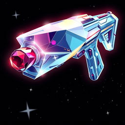 A stunning 2D illustration of a futuristic space rifle, featuring a sleek diamond-shaped body with sparkling facets, reflecting light in various colors