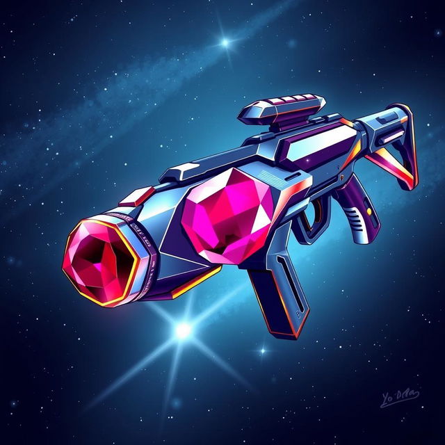 A stunning 2D illustration of a futuristic space rifle, featuring a sleek diamond-shaped body with sparkling facets, reflecting light in various colors