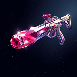 A stunning 2D illustration of a futuristic space rifle, featuring a sleek diamond-shaped body with sparkling facets, reflecting light in various colors