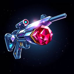 A stunning 2D illustration of a futuristic space rifle, featuring a sleek diamond-shaped body with sparkling facets, reflecting light in various colors
