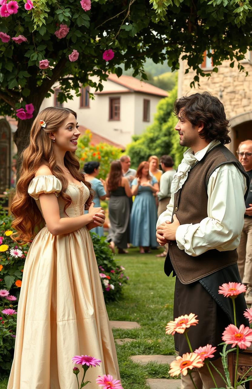 A scene from Shakespeare's Much Ado About Nothing, featuring a lively outdoor setting in a picturesque Italian village