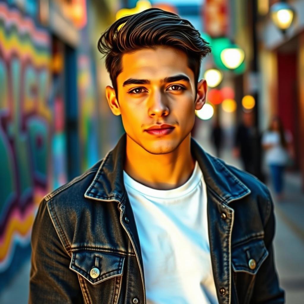 A portrait of a handsome young man named Thiago Morocho Jadan, with dark hair and expressive eyes, set against a vibrant urban background