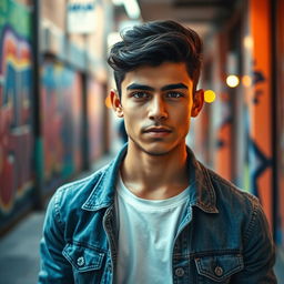 A portrait of a handsome young man named Thiago Morocho Jadan, with dark hair and expressive eyes, set against a vibrant urban background