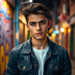 A portrait of a handsome young man named Thiago Morocho Jadan, with dark hair and expressive eyes, set against a vibrant urban background