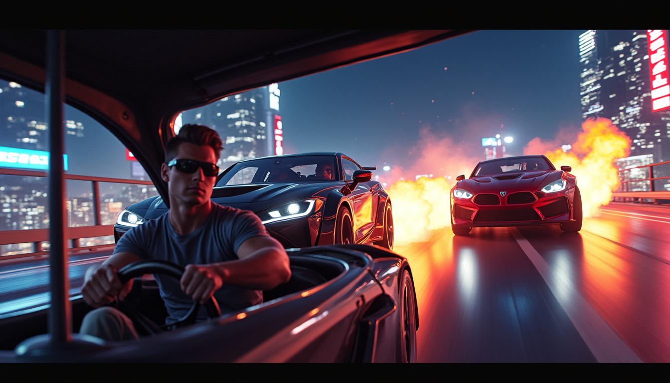 A high-octane racing scene featuring fast cars drifting through a city at night, neon lights reflecting off the sleek bodies of the vehicles