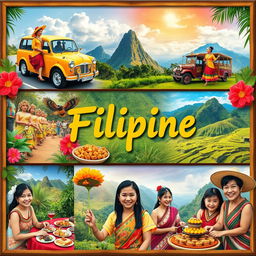 A vibrant collage showcasing unique Filipino cultural traits including traditional attire like the Barong Tagalog and Terno, the colorful jeepneys decorated with local art, fiesta celebrations with street dancers in bright costumes, and iconic Filipino food such as adobo and lumpia on a festive table
