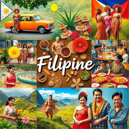 A vibrant collage showcasing unique Filipino cultural traits including traditional attire like the Barong Tagalog and Terno, the colorful jeepneys decorated with local art, fiesta celebrations with street dancers in bright costumes, and iconic Filipino food such as adobo and lumpia on a festive table
