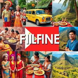 A vibrant collage showcasing unique Filipino cultural traits including traditional attire like the Barong Tagalog and Terno, the colorful jeepneys decorated with local art, fiesta celebrations with street dancers in bright costumes, and iconic Filipino food such as adobo and lumpia on a festive table