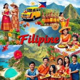 A vibrant collage showcasing unique Filipino cultural traits including traditional attire like the Barong Tagalog and Terno, the colorful jeepneys decorated with local art, fiesta celebrations with street dancers in bright costumes, and iconic Filipino food such as adobo and lumpia on a festive table