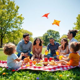 A warm and joyful family gathering in a beautiful park setting during a sunny day