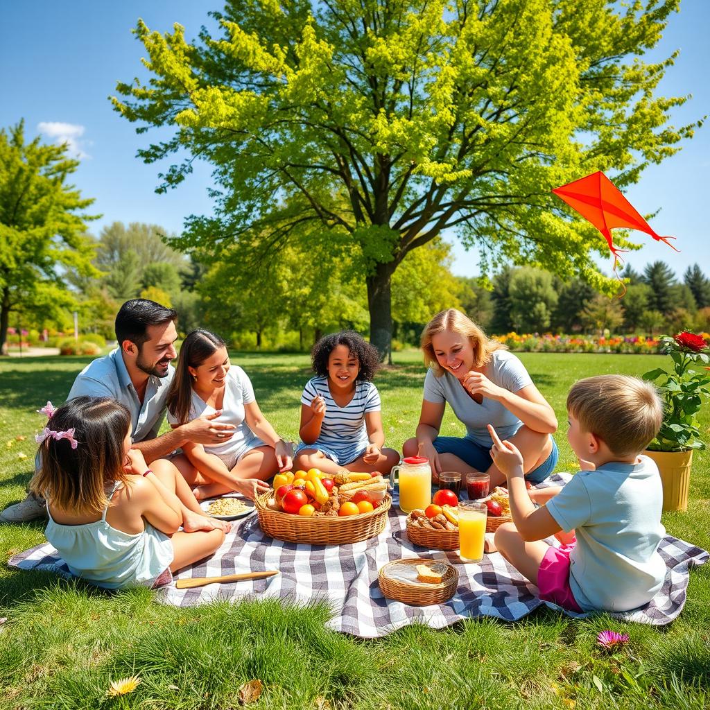 A warm and joyful family gathering in a beautiful park setting during a sunny day