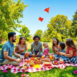 A warm and joyful family gathering in a beautiful park setting during a sunny day